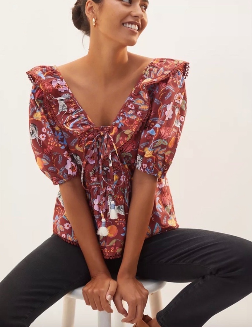 Anthropologie Maeve Peasant Top Zebra Leopard Print